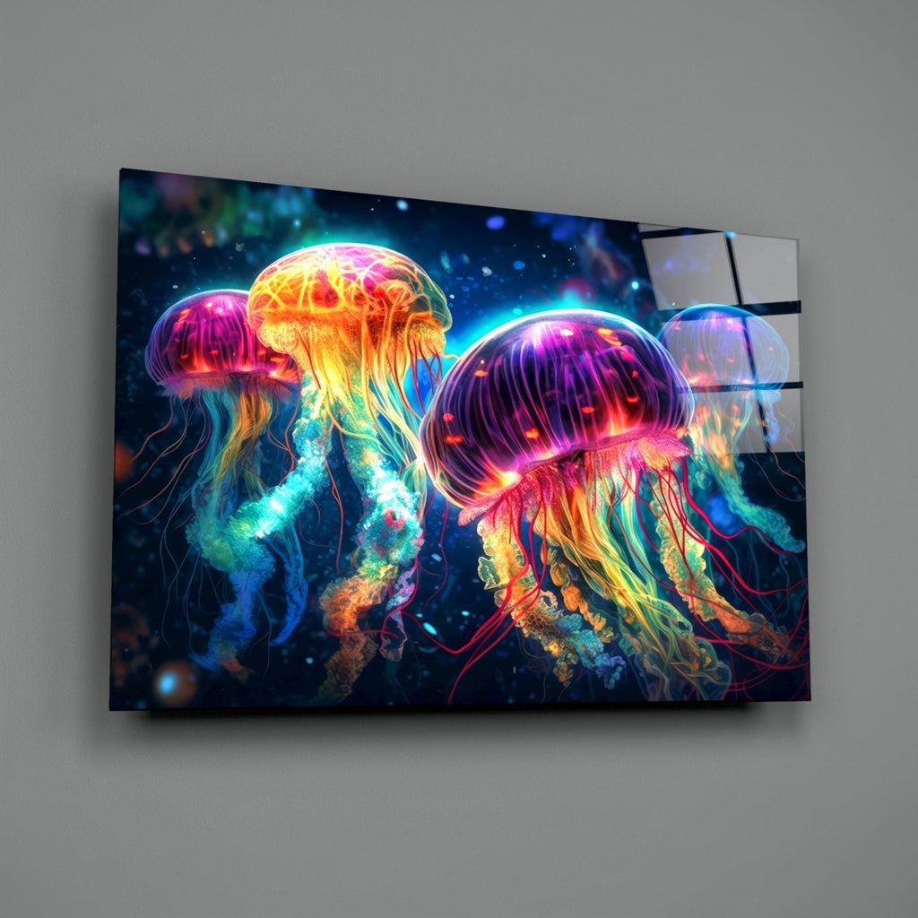 Neon Jellyfish Glass Wall Art || Designer Collection